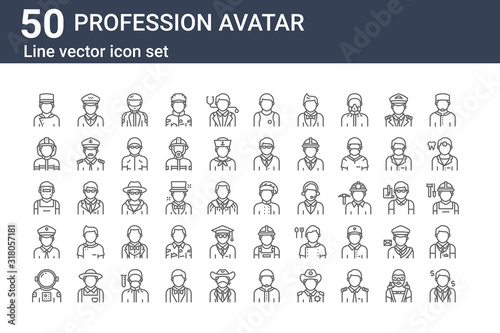 set of 50 profession avatar icons. outline thin line icons such as businessman, astronaut, policeman, welder, firefighter, taxi driver