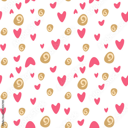 Red love simple hearts symbols and yellow stones on the white background vector seamless pattern.
