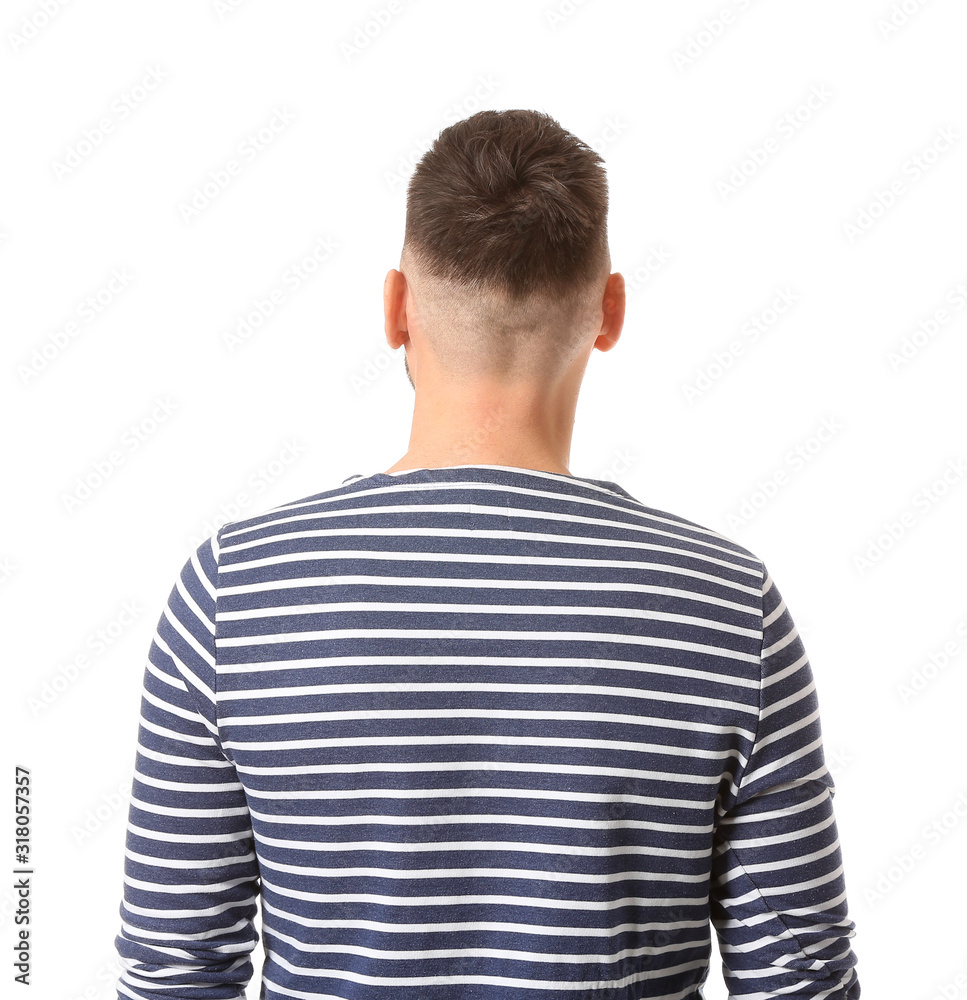 Handsome man on white background, back view Handsome man on white background, back view