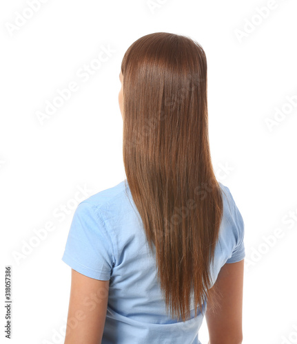 Young woman on white background, back view
