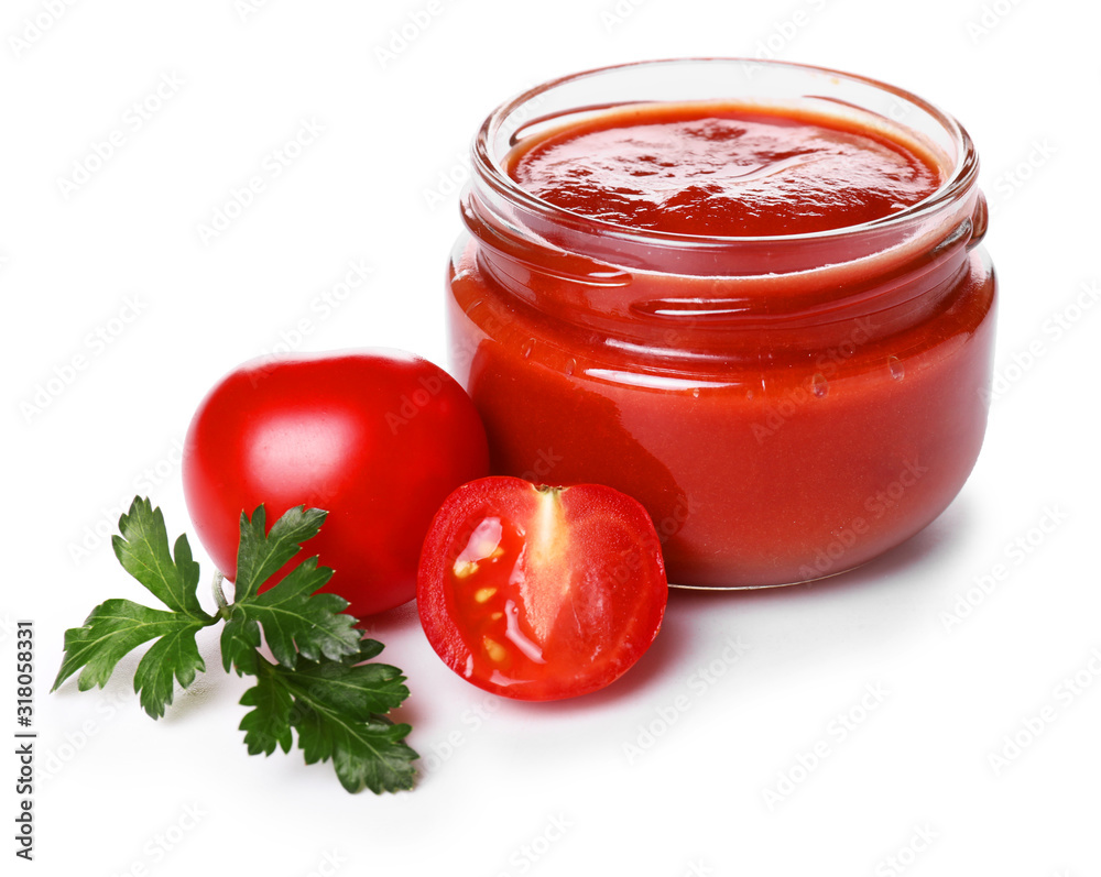 Jar with tasty tomato sauce on white background Jar with tasty tomato sauce on white background