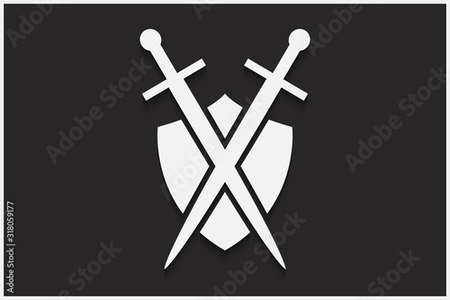 Shield and sword vector emblem. White shield and sword on a black background with shadow.
