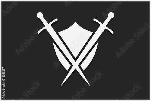 Shield and sword vector emblem. White shield and sword on a black background with shadow.