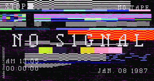 Glitch camera effect. Retro VHS background like in old video tape rewind or no signal TV screen. Vaporwave/ retrowave style vector illustration.