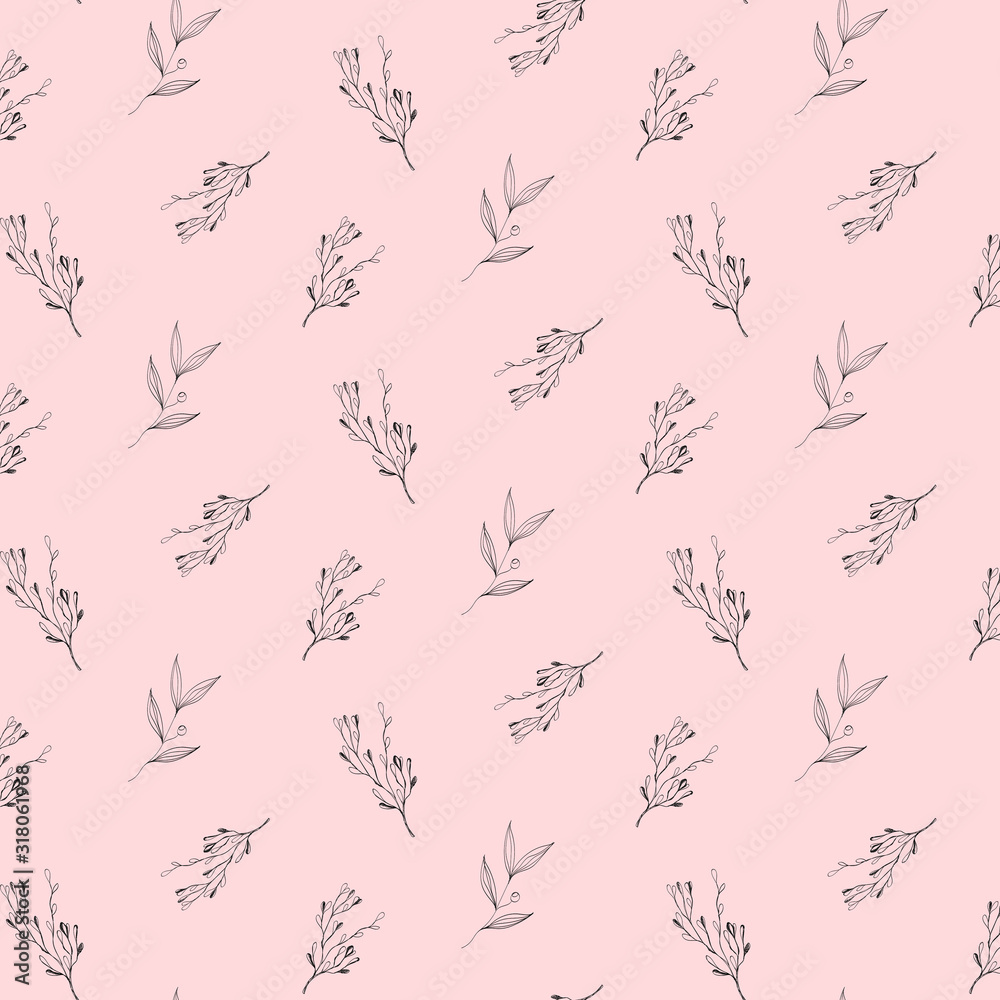 Seamless pattern monochrome floral elements, branches and leaves 