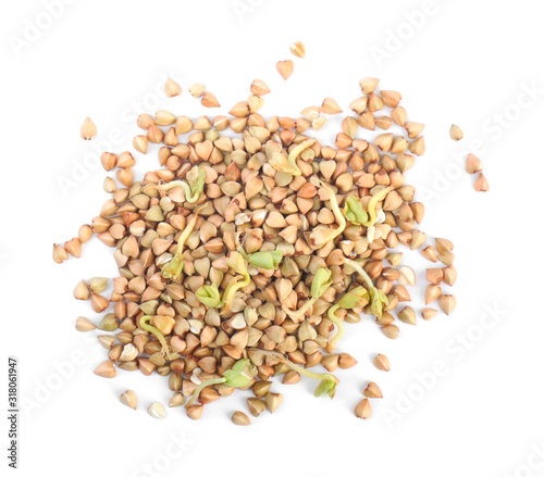 Heap of sprouted green buckwheat isolated on white, top view