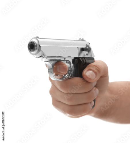 Professional killer with gun on white background, closeup