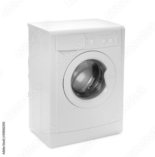 Modern washing machine isolated on white. Laundry day