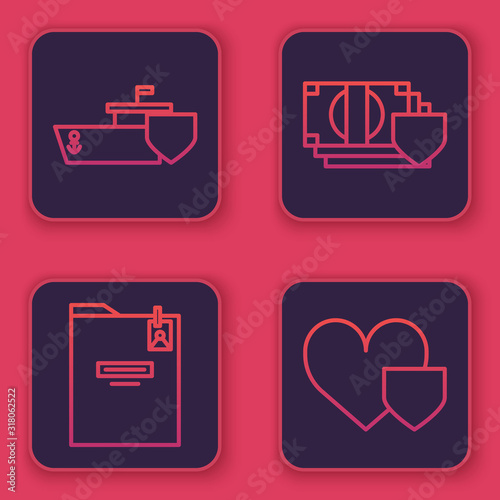 Set line Ship with shield, Personal folder, Money with shield and Heart with shield. Blue square button. Vector