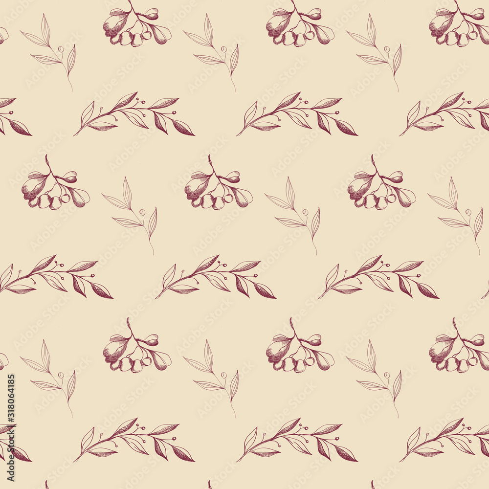 Seamless pattern monochrome floral elements, branches and leaves Seamless pattern monochrome floral elements, branches and leaves