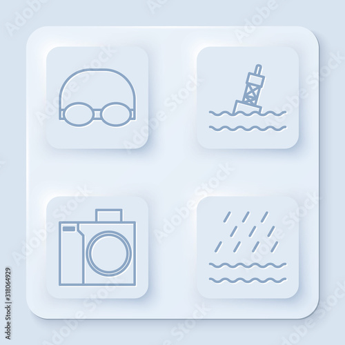 Set line Glasses and cap for swimming, Floating buoy on the sea, Photo camera for diver and Rain and waves. White square button. Vector