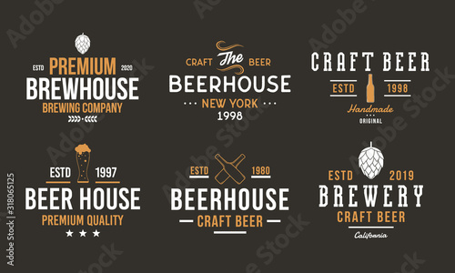 Beer, pub and bar retro logo set. Craft beer logo, poster design with brew hop, beer bottles. Vintage typography for beer house, brewery, bar and pub. Vector emblem template