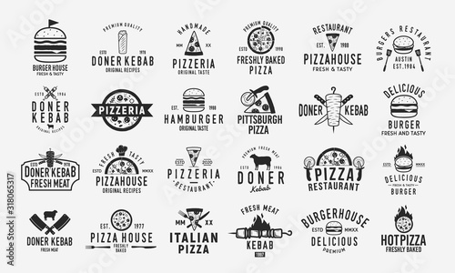 Burger, Doner Kebab and Pizza logo set. Set of 24 vintage logo templates for Fast Food Restaurant. Pizza, Burger and Kebab silhouettes. Vintage typography. Vector food labels, emblems ,posters. 