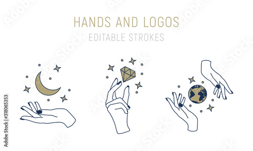 Vector logo templates in trendy minimal style. Abstract hand drawn logo set with hands, moon, stars, diamond and earth. Perfectly use for jewellery, cosmetics, beauty and hand crafted products. 