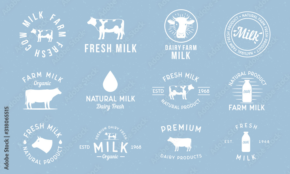 Dairy and milk products labels, emblems and logos. Milk logo set with cow silhouette, milk drop, bottle. Trendy vintage design. Vector illustration - obrazy, fototapety, plakaty 