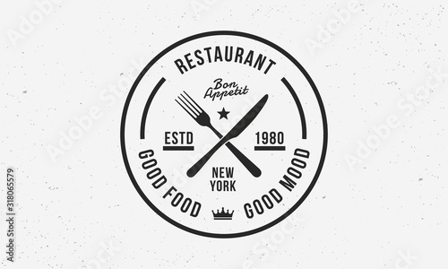 Hipster restaurant logo template with fork and knife icons. Circle vintage label for restaurant, cafe. Retro stamp. Vector illustrator
