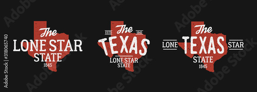 Texas logo map set. Print for T-shirt, typography. Texas map with stamp effect.   Vector illustration