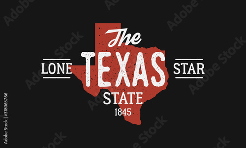 The Lone Star State. Texas vintage typography. Texas map with stamp effect isolated on black background. Texas print for t-shirt, typography. Vector illustration