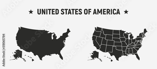 USA blank map and USA map with states.   Set of 2 USA maps. Poster maps of USA. United States of America map vector template.
