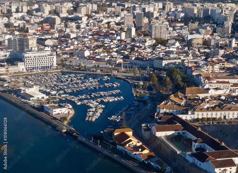 Obraz premium Aerial view of Faro at the Algarve coast in Portugal
