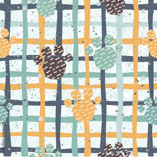 Cute Pattern with Golden dog paws with pastel blue stripes on beige background with tiny dots. Hand Drawn Design.