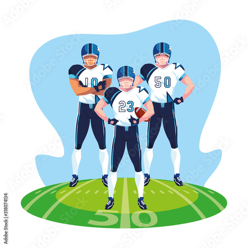 team of players american football , sportsmen with uniform on stadium grass