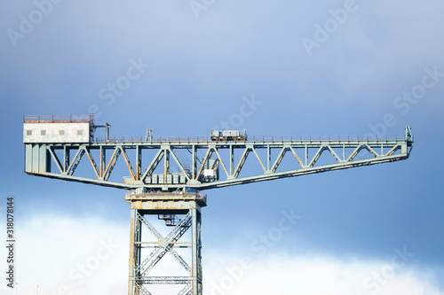 Cantilever lifting vintage crane for shipbuilding in Greenock near Glasgow and freight container transportation