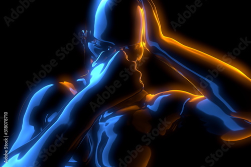 Sick man with pain, headache, migraine, stress, insomnia, hangover in hand holding head in 3D illustration front view isolated on black background. Closeup shot