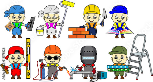 set of cartoon cute kid Builders: repairman, tiler, bricklayer, plasterer ,  decorator, painter, Welder and metal cutter