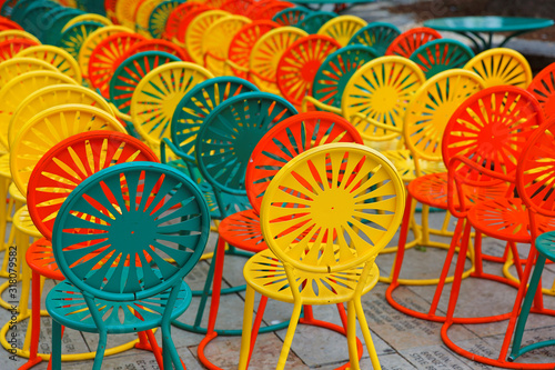 Colorful chairs at Memorial Union Terrace on the campus of the University of Wisconsin–Madison. The terrace a popular outdoor space overlooking Lake Mendota. photo