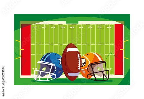 helmets and ball american football on stadium