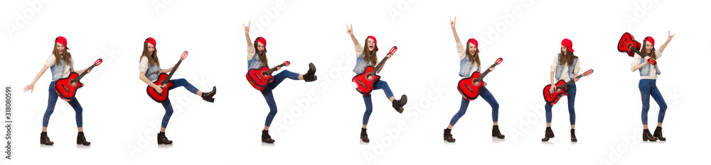 Young smiling girl with guitar isolated on white