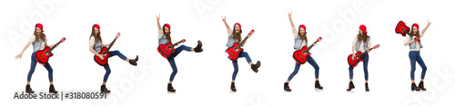 Young smiling girl with guitar isolated on white