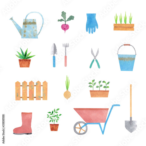 Gardening set, watercolor illustration on white background 