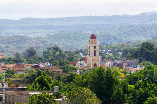 Beautiful View of a Church in a small touristic Cuban Town during a vibrant sunny day. Taken in Trinidad  Cuba.