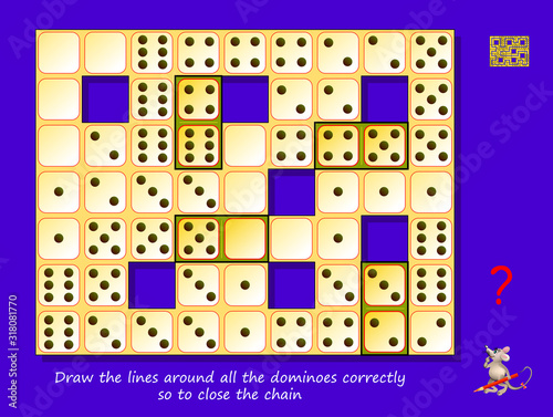 Logic puzzle maze game for children and adults. Draw the lines around all the dominoes correctly so to close the chain. Printable page for kids brain teaser book. Developing spatial thinking skills.