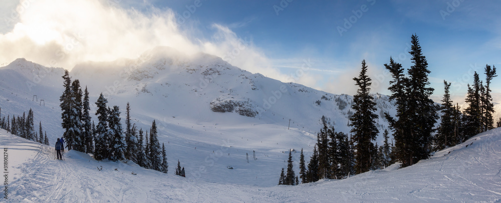 Whistler Ski Resort, British Columbia, Canada. Beautiful View of the snowy Canadian Nature Landscape Mountain during a vibrant and sunny winter day.
