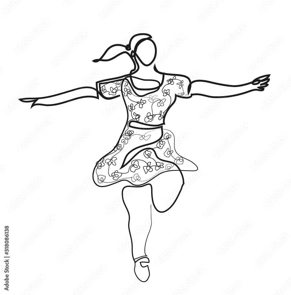 One continuous line drawing of cheerful woman running. Simple line art drawing of business woman running, wearing short dress.