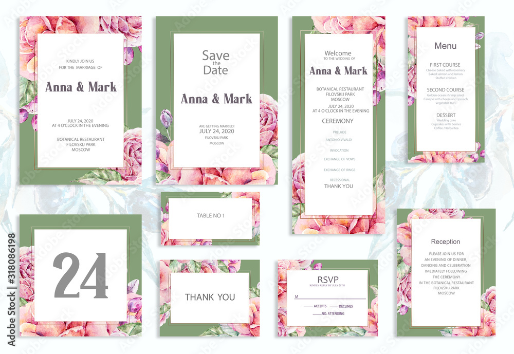 Botanical wedding invitation card template design, pink rose flowers and leaves on light blue background, vintage style. Wedding invitation templates. Banners decoration, romantic watercolor objects