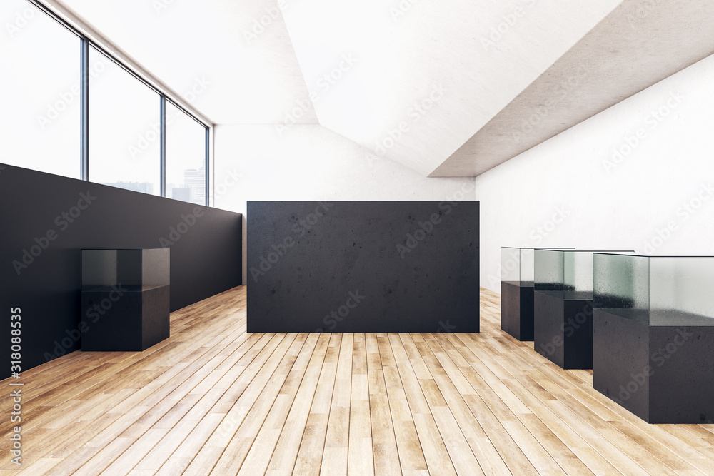 Modern exhibition interior with blank black wall Modern exhibition interior with blank black wall