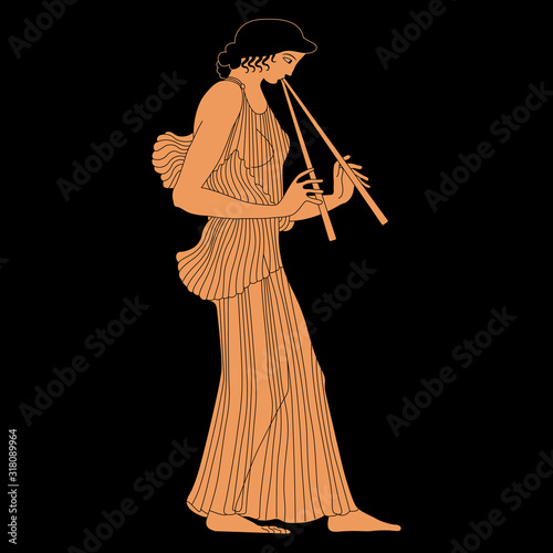 Isolated vector illustration. Ancient Greek girl playing the flute. Vase painting style.	