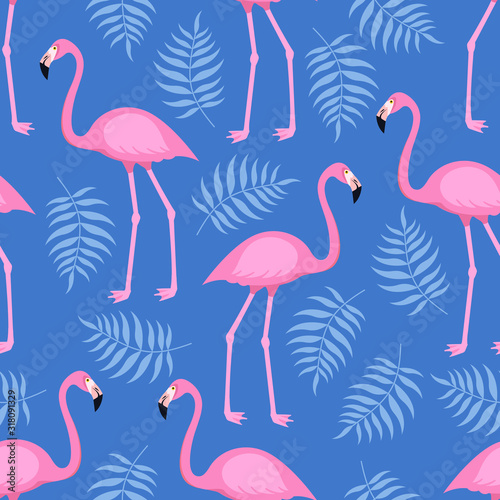 Seamless trendy tropical pattern with pink flamingo birds and tropic areca leaves, summer background. Vector illustration