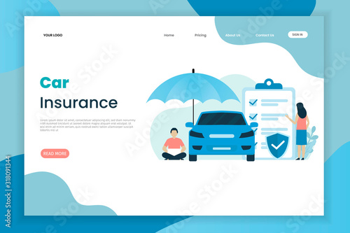 Flat design car insurance landing page template. The car above has an umbrella. Landing page template