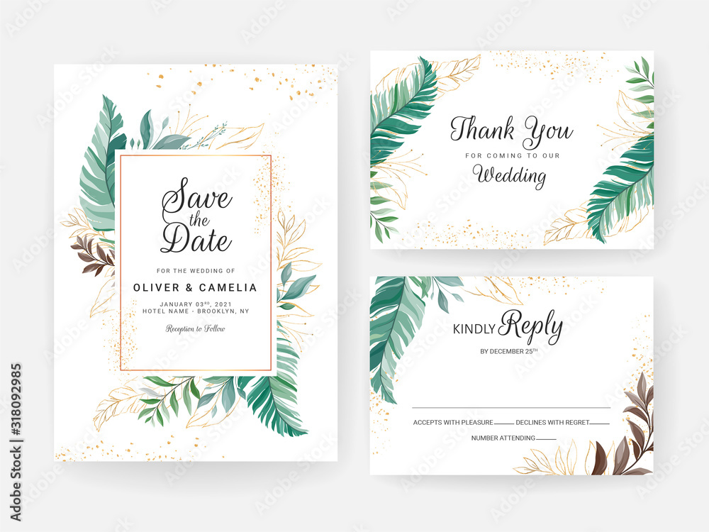 Set of cards with floral decoration. Greenery wedding invitation template design of tropical leaves with glitter. Botanic illustration for save the date, rsvp, thank you, event, cover, poster vector