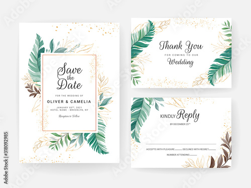 Set of cards with floral decoration. Greenery wedding invitation template design of tropical leaves with glitter. Botanic illustration for save the date, rsvp, thank you, event, cover, poster vector