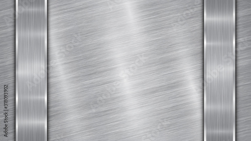 Background in silver and gray colors, consisting of a shiny metallic surface and two vertical polished plates located left and right, with a metal texture, glares and burnished edges