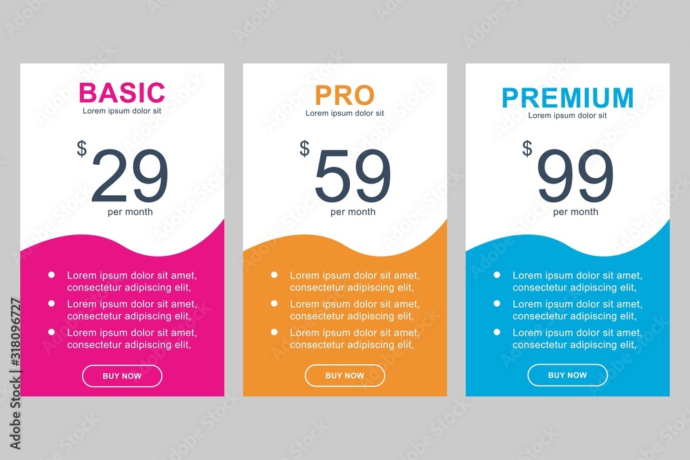 simple design set of pricing tables, box, button, orders, lists, ui and ux for web design or mobil and other