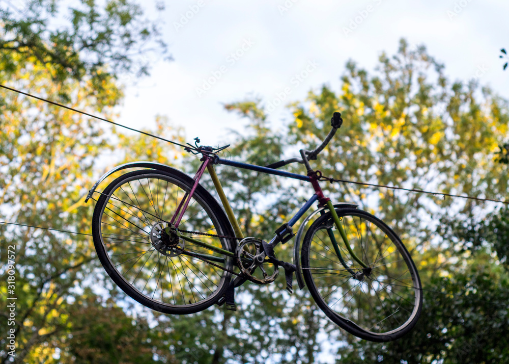 Multi-colored bicycle hanging in the air among the trees in the park
