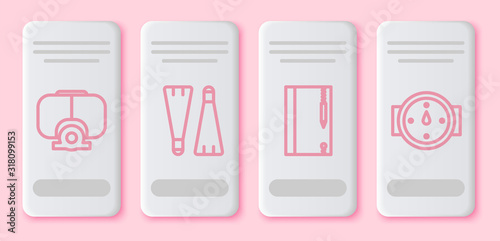 Set line Diving mask, Rubber flippers for swimming, Underwater note book and pencil and Wind rose. White rectangle button. Vector