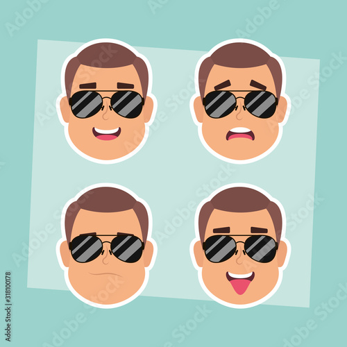 group of man faces with sunglasses characters